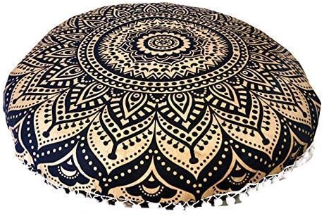INDIAN CRAFT CASTLE 24" Gold Ombre Black Mandala Barmeri Large Floor Pillow Cover Cushion Meditation Seating Ottoman Throw Cover Hippie Decorative Zipped Bohemian Pouf Ottoman Pom Pom Cases 24" Round