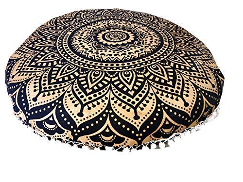 CRAFT KALA 32" Large Round Bohemian Floor Pillow Cover Boho Pouf Cover Mandala Meditation Room Pillows Cover Adults Seating Poufs Cushion Cover for Kids Reading Playroom Black Gold Ombre - color: Black Gold Ombre