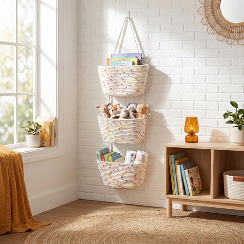 3-Tier Woven Cotton Rope Hanging Basket, Over the Door Organizer, Adjustable Detachable Wall Basket with Metal & Adhesive Hooks, No Drilling for Playroom, Kids Bedroom & Nursery Toy Storage - style: Colorful Dots