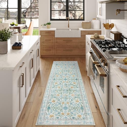 Lahome Sylvie Light Blue Runner Rug 2x6, Boho Floral Runners for Kitchen Floor, Machine Washable Soft Thin Indoor Throw Carpet Runners for Hallway Bathroom Laundry 6ft, Blue - color: Baby Blue, size: 2' x 6' (Runner)