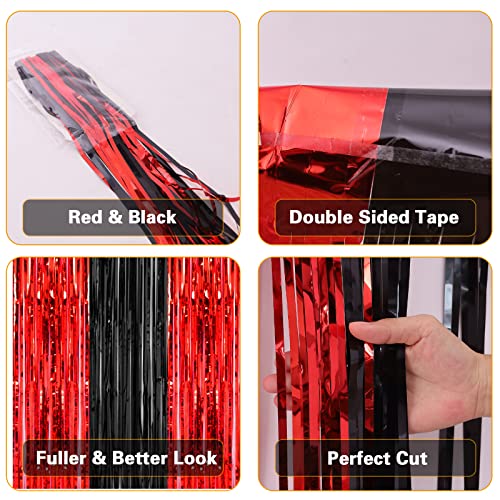 PIGETALE, 2 Pack 3.2x8.2 Feet Black and Red Foil Fringe Curtains Party Decorations, Tinsel Curtain Backdrop Streamers for Birthday Graduation Fiesta Stranger Theme Halloween Christmas Party Supplies - color: Red and Black