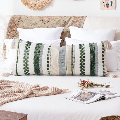 PANOD Boho Long Lumbar Throw Pillow Cover 14 x 36 Dark Green, Chenille Morocan Extra Long Pillow Case Cover, Decorative Long Pillow for Bed Couch Sofa Farmhouse - color: Dark Green Tone, size: 36" x 14" (Pack of 1)