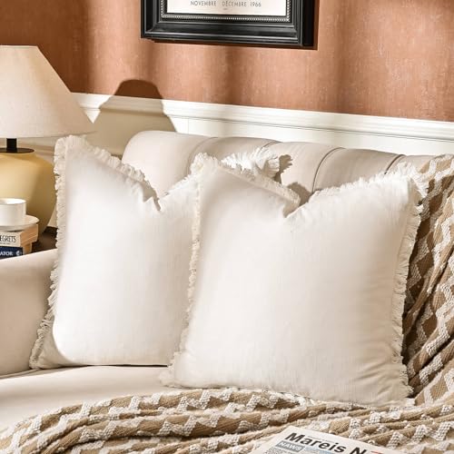 AmHoo Pack of 2 Linen Pillow Covers with Tassels Fringed Decorative Rustic Natural Throw Pillowcase Cushion for Couch Sofa Bedroom 20 x 20-Inch Off White - color: Off White, size: 20" x 20" (Pack of 2)