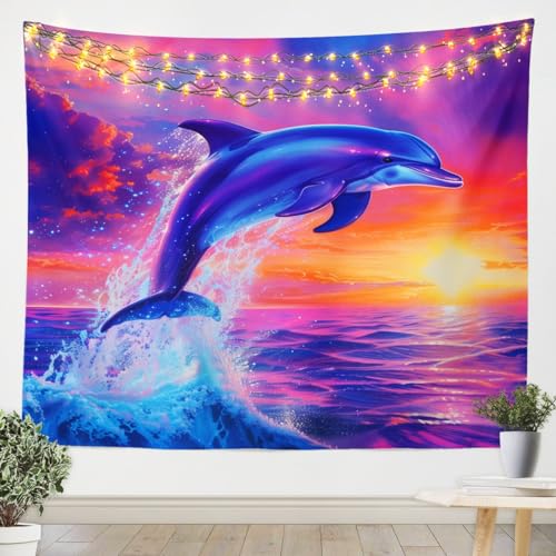 Cartoon Dolphin Kids Tapestry,Sunset Ocean Waves Romantic Wall Tapestries,Girls Women Room Decor,Underwater World Marine Life Wall Hanging,Sea Blue Purple Home Wall Decor,Large 59.1 x 82.7 Inches - color: Dolphin 04, size: Large