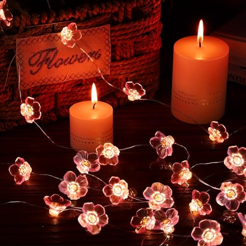 USB/Battery Operated 13ft Copper Wire 40LED Pink Cherry Blossom Fairy Light | Flower-Shaped Fairy Lights String – Indoor & Outdoor Hanging Decor for Valentine's Day, Mother's Day, Wedding Parties - color: 13ft Pink Flower Lights