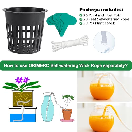 ORIMERC 4 inch Net Pots, 20 Pack Net Cups with 20 feet Self-Watering Rope&Plant Labels, for Hydroponic Aquaponics Kratky Orchid Vegetable Indoor Outdoor Growing Baskets Nursery Slotted Mesh BPA Free - size: 4 inch (20 Pack)