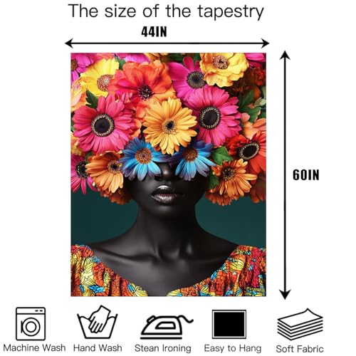 RichIdeas Black Women Wall Art Tapestry Vertical Flower Girl Tapestry African Print Tapestries for Women Men Teens Modern Decor Wall Art 44x60 Inches RITADJ1194 - color: colorful