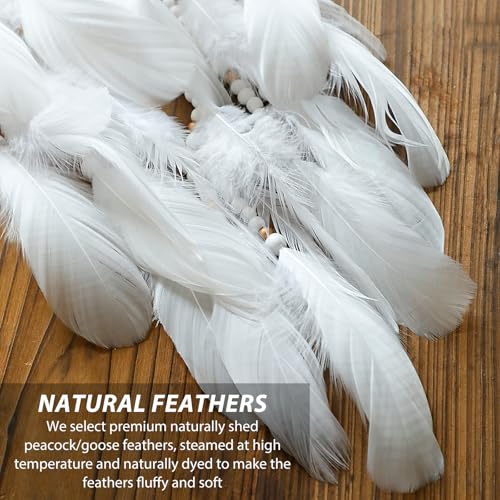 Dream Catcher Native American Boho Dreamcatcher White Wall Decor, Handmade Rattan Natural Goose Feathers Wall Hanging Art Piece Indian Room Decor for Bedroom Living Room Wedding - color: White