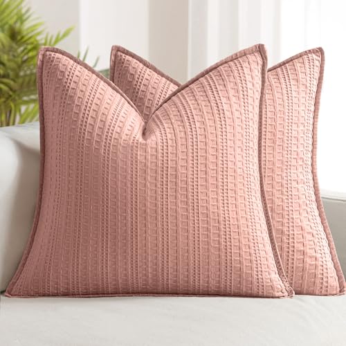 Set of 2 Decorative 100% Cotton Waffle Euro Sham Pillow Covers 24x24, Neutral Throw Pillows Weave European Cushion Cases for Couch Sofa Bed Modern Farmhouse Home Decor Valentines Day, Pink - color: Pink, size: 24" x 24" (Pack of 2)