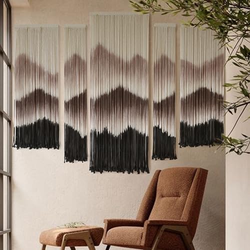 IOWER Large Macrame Wall Hanging Mountain Handmade Brown Dip-Dyed Boho Wall Decor 5Pcs Art Wall Decor for Bedroom Living Room Fiber Art Tapestry - color: brown2