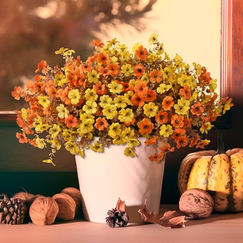 Artificial Fake Hanging Baskets Fall Flowers for Outdoors Autumn Decoration, 12 PCS Faux Daisy Silk Plants Outside UV Resistant Look Real Yard Patio Front Porch Balcony Home Decor (Orange Yellow) - color: Orange Yellow