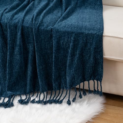 BATTILO HOME Navy Blue Chenille Throw Blanket for Couch, Soft Cozy Textured Knit Throw Blanket with Handmade Fringe Tassels, Lightweight Decorative Farmhouse Blanket for Sofa Bed Chair, 50"x60" - color: Navy