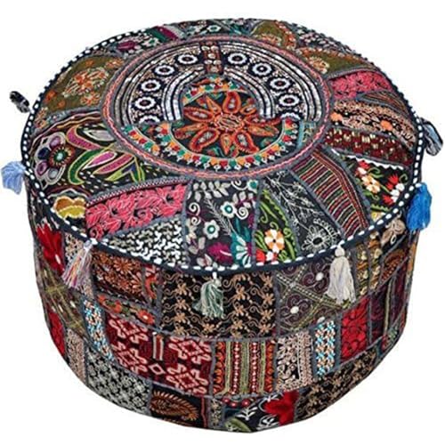 Sophia-Art Indian Embroidered Patchwork Cover Indian Decorative Comfortable Floor Cotton Cushion Ottoman Pouf, Designs Ethnic Patchwork Pouf (Black, 14"x22") (Cover Only)