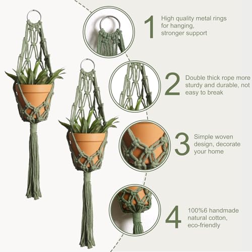 Artilady Macrame Hanging Planter for Indoor Plants, Boho Woven Plant Hanger Large Hanging Flower Pot Holders Outdoor Baskets Storage Green Wall Decor (Olive Green-2pcs) - color: Olive Green-2pcs