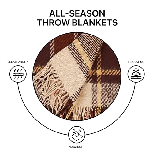 New Zealand Virgin Wool Throw Blanket, Indoor and Outdoor Blankets and Throws, Comfortable Soft Blanket with Fringes and Tartan Pattern, 67 x 79 in, Queen Size, Brown and Beige - color: Beige and Brown