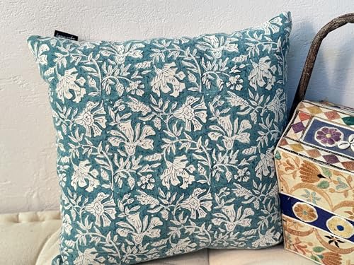 Handblock Printed Vintage Indian Cotton Decorative Throw Pillow Covers, Set of 2 (Vintage Turquoise Grey, 18" x 18" (Pack of 2)) - color: Vintage Turquoise Grey, size: 18" x 18" (Pack of 2)