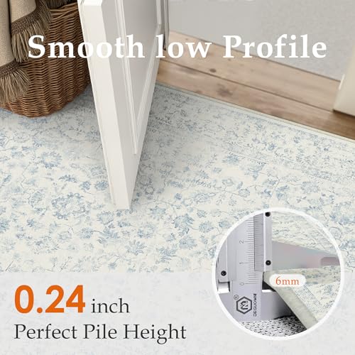 PureCozy 2x3 Blue Entryway Area Rug Machine Washable Door Mat Kitchen Vintage Distressed Non Slip Carpet Indoor Retro Floral Accent Throw Small Rug for Bathroom Office Bedroom Living Dining Room - color: Blue, size: 2' x 3' (Rectangular)