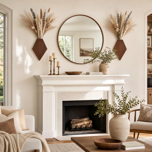 2 Pcs Bohemian Wooden Wall Planter Set with Pampas Grass Modern Farmhouse Wall Decor for Living Room, Bathroom, Bedroom, Office(Brown,Natural Style) - color: Brown, style: Natural Style