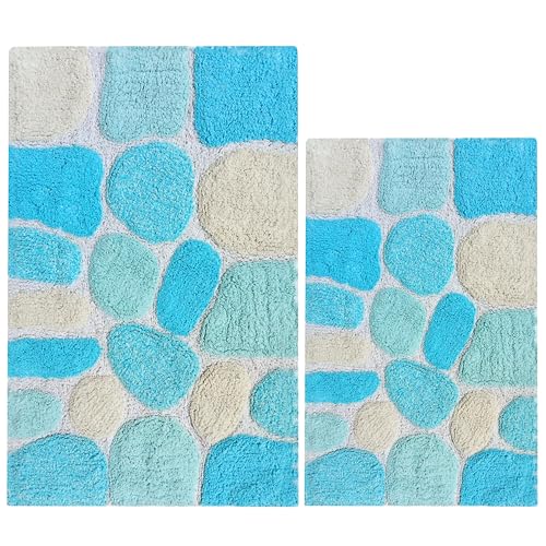 Ramanta Home Pebble Stone Pure Cotton Bathroom Mat Set of 2 - Turquoise, Super Soft Anti Skid Absorbent Bath Rug for Bathroom, Kitchen, Machine Washable Bathrugs - 21x32 & 17x24 Inch - color: Turquoise, size: 21" x 32" & 17" x 24" (Set of 2)