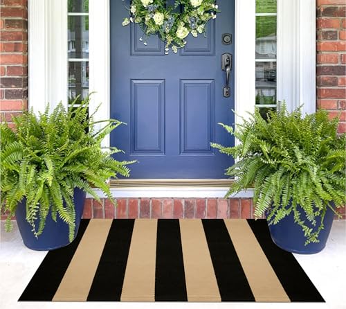Black and Tan Layered Doormat,2x3 ft Striped Small Outdoor Rug Cotton Woven Washable Farmhouse Layered Door Mats for Entryway/Porch Decor/Kitchen/Home Entrance - color: Black Tan, size: 2' x 3' (Rectangular)