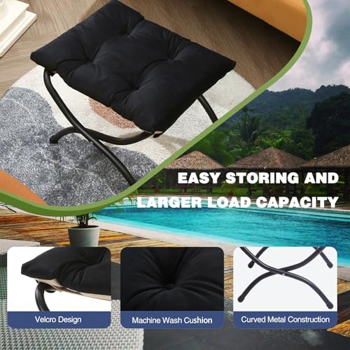 15" Foldable Foot Stool Ottoman with Metal Frame - Washable Black Upholstered Indoor/Outdoor Footrest for Living Room, Bedroom, Patio - Space-Saving Compact Design - color: Black