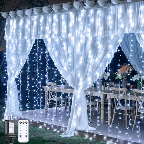 JMEXSUSS 9.5x29.5ft Curtain Lights Indoor Outdoor Decor with Remote, 900LED White Christmas Lights Plug in, Hanging String Lights for Bedroom, Wall, Window, Patio, Garden, Wedding, Reception, Backdrop - color: White, size: 900 LED