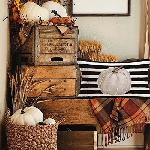 Fall Decor Grey Pumpkin Throw Pillow Covers 12x20 Inch White Black Stripes with Pumpkins Seasonal Autumn Harvest Thanksgiving Halloween Farmhouse Decoration Pillow Cases Cotton Linen - color: Grey Pumpkin Black Stripes