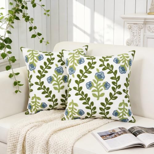 Alysheer Floral Embroidered Summer Decorative Throw Pillow Covers 18"x 18" Set of 2, Farmhouse Blue Flowers Green Vines Patterned Cotton Cushion Cases for Couch Bed Living Room Cottage Decor - color: Blue, size: 18" x 18" (Pack of 2)