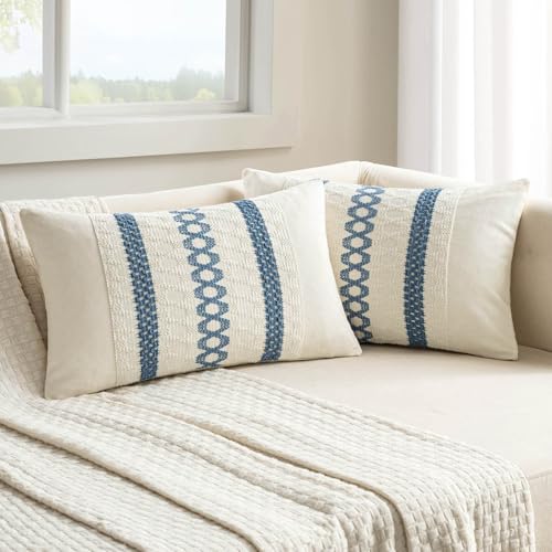 MIULEE Set of 2 Coastal Blue Boho Decorative Lumbar Pillow Covers 12x20 Inch Farmhouse Rustic Couch Throw Pillows Modern Summer Cushion Covers Retro Cute Macrame Woven Spring Decor for Bed Sofa Chair - color: Blue, size: 20" x 12" (Pack of 2)