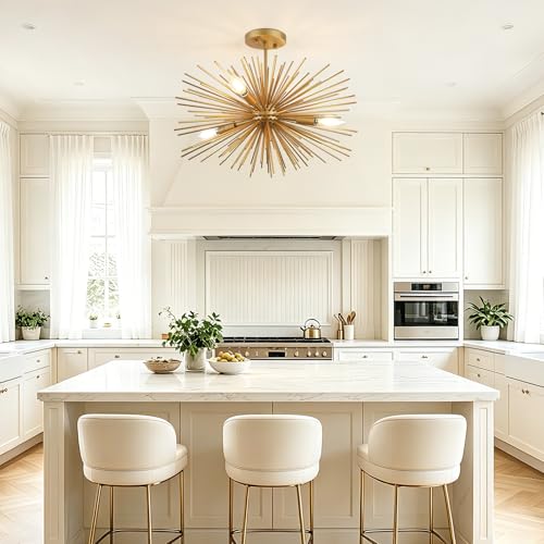 Modern Sputnik Chandelier Ceiling Light Fixture,4-Light Gold Semi Flush Mount Ceiling Light,20in Solid Metal Starburst Satellite Urchin Chandelier for Entry Dining Room Bedroom Kitchen Foyer - color: Gold 20" 4-Light