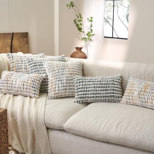 Aeckself Boho Chenille Tufted Pillow Cover 12 x 20 Inch, Rectangle Decorative Lumbar Throw Pillow Cover Neutral Pillowcase for Couch Bedroom Living Room, Yellow White - color: Yellow White, size: 20" x 12" (Pack of 1)