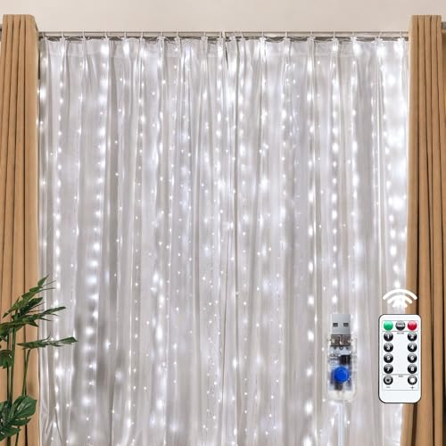 Brightown 300 LED Fairy Curtain Lights, 9.8ft x 9.8ft String Lights, USB Plug in 8 Lighting Modes Christmas String Hanging Lights with Remote for Bedroom Indoor Outdoor Party Xmas White 1 Pack - color: White, size: 1 Pack-300 LED-USB Plug