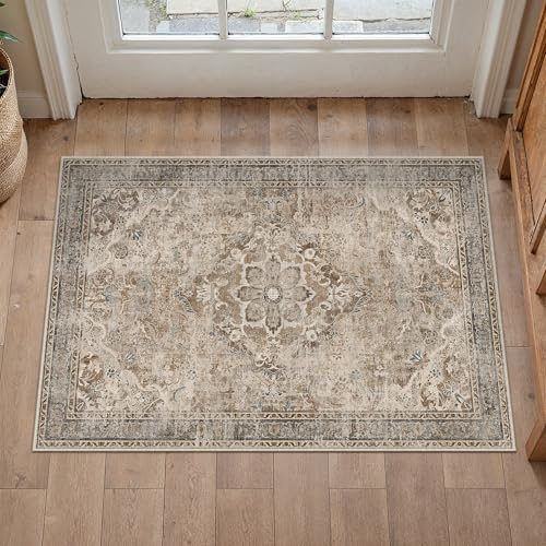PureCozy Brown 2x3 Rug for Entryway Washable Vintage Small Area Rug Non-Slip Stain Resistant Door Mat Low Pile Retro Accent Indoor Throw Carpet for Entrance Kitchen Bedroom Laundry - color: Vintage | Brown, size: 2' x 3' (Rectangular)