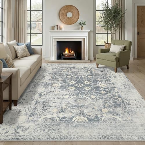 Area Rug 5x7 for Living Room - Machine Washable Rugs for Bedroom Kids Room - Vintage Stain Resistant Non Slip Low Pile Carpet for Dinning Room Farmhouse Home Office - color: Vintage Blue, size: 5' x 7' (Rectangular)