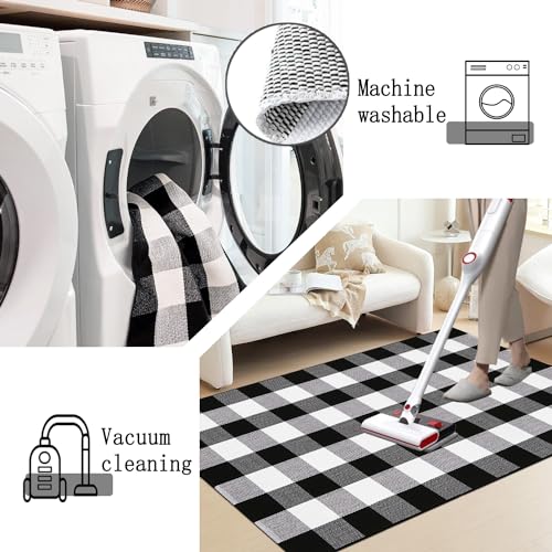 Buffalo Plaid Rug 3'x5' Black and White Checkered Rug Front Door Mat Outdoor Cotton Washable Front Porch Rug Layered Doormats for Front Porch/Farmhouse/Entryway - size: 3'x 5'