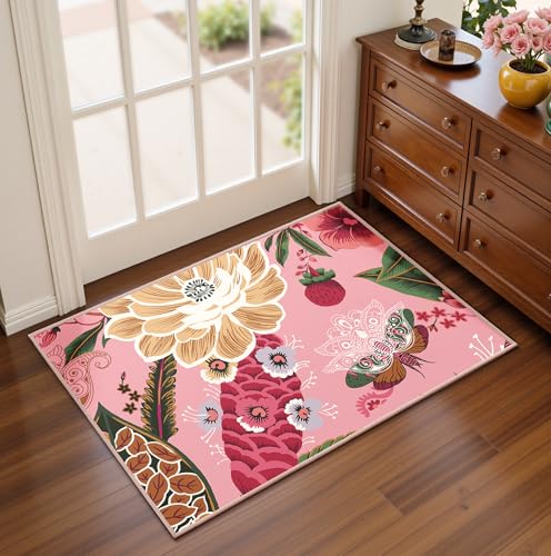 Tyrot Pink Boho Floral 2x3 Washable Kitchen & Entryway Rug Ultra-Thin Flat Woven Low-Pile Botanical Butterfly Area Rug Non-Slip Indoor Door Mat for Bathroom Bedroom - color: Boho Rose, size: 2' x 3' (Rectangular)
