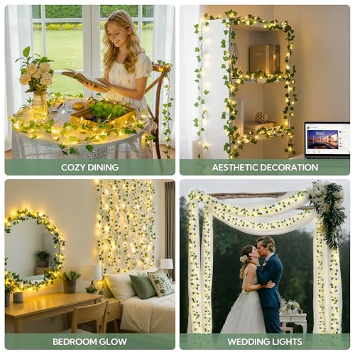 HEYFUNi Vines with Lights, 23 Ft 73 Led Fake Ivy String Lights Plug in, Leaf Lights for Bedroom, Wall, Balcony, Wedding Decor, Warm White - color: Ivy, size: 73 LED-Plug in