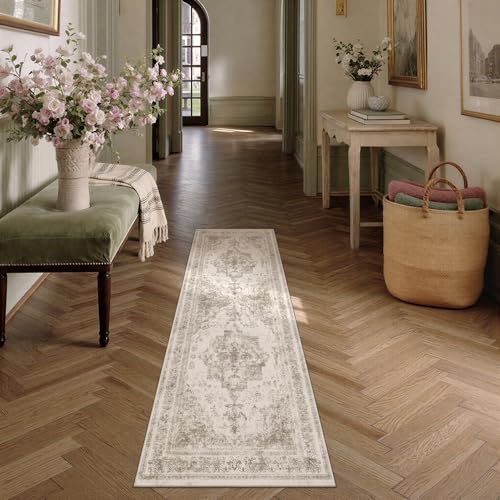 PureCozy Runner Rug 2x6 Beige Hallway Washable Carpet Non Slip Vintage Medallion Carpet Low Pile Soft Distressed Retro Indoor Long Rug for Entryway Kitchen Bathroom Laundry Bedroom - color: Distressed | Beige, size: 2' x 6' (Runner)