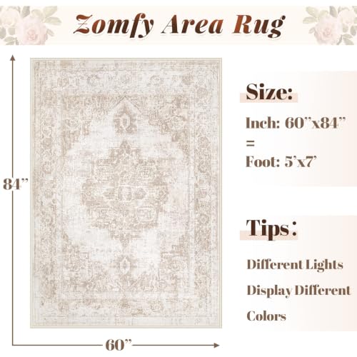 Area Rug 5x7 Vintage Rug: Washable Indoor Medallion Rugs Low Pile Distressed Floor Carpet Retro Accent Rug for Living Room Bedroom Kitchen Dining Table Home Office(Beige, 5'x7') - color: Beige, size: 5' x 7' (Rectangular)