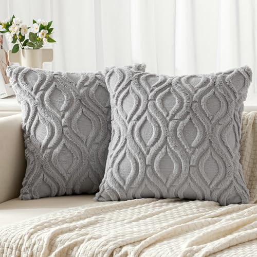 MIULEE Light Grey Throw Pillow Covers 18x18 Inch, Soft Winter Plush Faux Wool Couch Pillow Covers Set of 2 Decorative Farmhouse Boho Throw Pillows for Sofa Living Room Bed - color: Light Grey, size: 18" x 18" (Pack of 2)