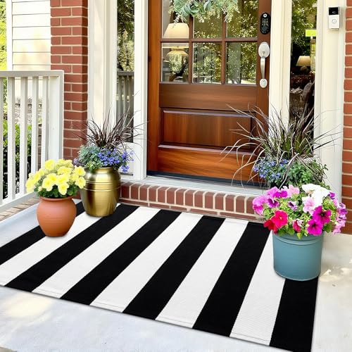 OLANLY Black and White Striped Rug 2'4" x 3'7" (27.5" x 43") – Washable Cotton Indoor Outdoor Doormat for Front Door, Entryway, Kitchen, Porch, Patio Decor - color: Black White Vertical Stripe, size: 2'4" X 3'7" (Rectangular)