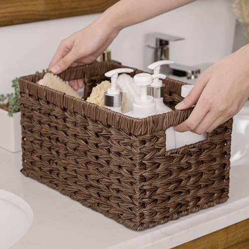 GRANNY SAYS Wicker Storage Baskets for Shelves, Wicker Baskets for Organizing, Waterproof Woven Basket for Pantry, Rectangle Basket for Shelf, Brown, 2-Pack - color: Brown, size: 13"L x 8 ¼"W x 7"H