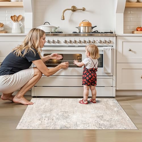 2x4 Washable Non-Slip Runner Rug – Small Throw Rug for Kitchen Floor, Bedroom, Entryway, Bathroom, Bedside – Modern Abstract Neutral Low-Pile Thin Indoor Door Mat (Beige Grey,2x4) - color: Beige Grey, size: 2' x 4' (Rectangular)