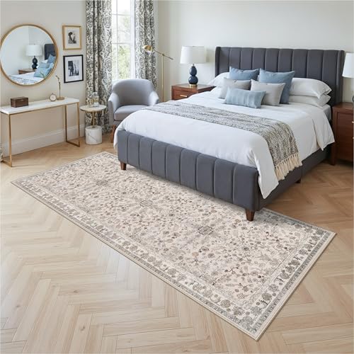3x8 Hallway Runner Rug Washable Non-Slip – Boho Floral Soft Wide Carpet Runner for Kitchen Entryway Bathroom Bedroom – Low-Pile Thin Floor Mat with Rubber Backing (Beige,3x8) - color: Beige, size: 3' x 8' (Rectangular)