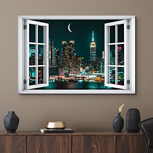 wall26 Canvas Print Wall Art Window View Futuristic Night New York City Skyscraper Wilderness Nature Photography Realism Urban Landscape Colorful Multicolor for Living Room, Bedroom, Office - 12"x18" - color: A34-2204-win24, size: 18"L x 12"W