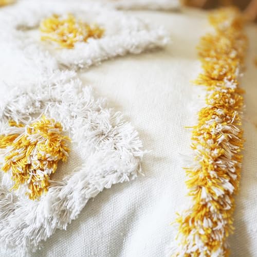 Boho Pillow Covers 18X18 Inch White Yellow Tufted Throw Pillow Covers Decor Tassels Cushion Cover Pillow for Sofa Handmade Embroidery Couch Pillow Covers Retro Boho Pillowcase Covers