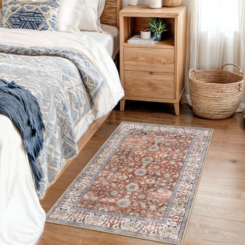 KUTA Vintage Floral Red Clay Entryway Rug 2x3, Kitchen Area Rug Non-Slip Washable Throw Rug, Ultra Thin Soft Print Front Door Mat Indoor Doormat for Entrance, Bedside, or Small Spaces - color: Red Clay, size: 2' x 3' (Rectangular)