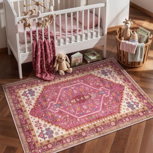Ciicool Small Area Rug, 2x3ft Boho Rug, Ultra Soft Entry Rugs for Entryway, Non-Slip Washable Rugs Oriental Low-Pile Indoor Mat Floor Carpet for Entrance Bedroom Kitchen Bathroom Foyer Decor - color: Fuchsia, size: 2' X 3' (Rectangular)
