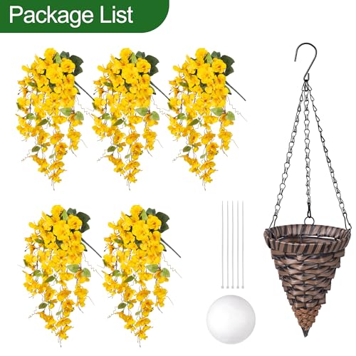HyeFlora Artificial Hanging Flower Baskets for Spring Decoration, Outdoor Fake Plant Faux Silk Hibiscus Long Vines in Planter UV Resistant Realistic Flowers for Outside Porch Patio Home Decor, Yellow - color: Yellow