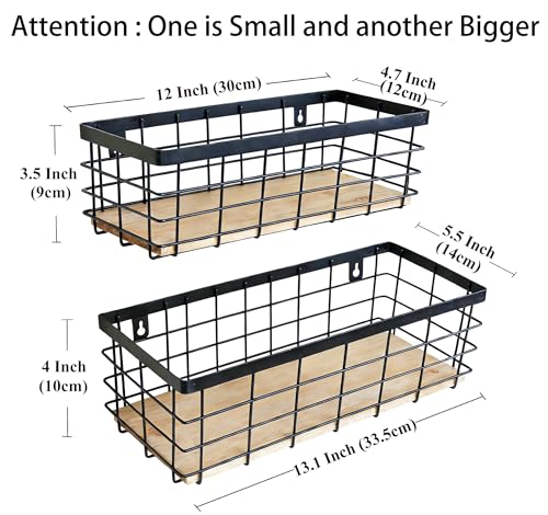 ShabbyDecor Metal Wire Basket Detachable Wood Base Storage Organizer Farmhouse Hanging Basket for Kitchen Cabinets, Bathroom, Pantry, Laundry Room Set of 2,Black Color - color: Black, size: Small&Medium